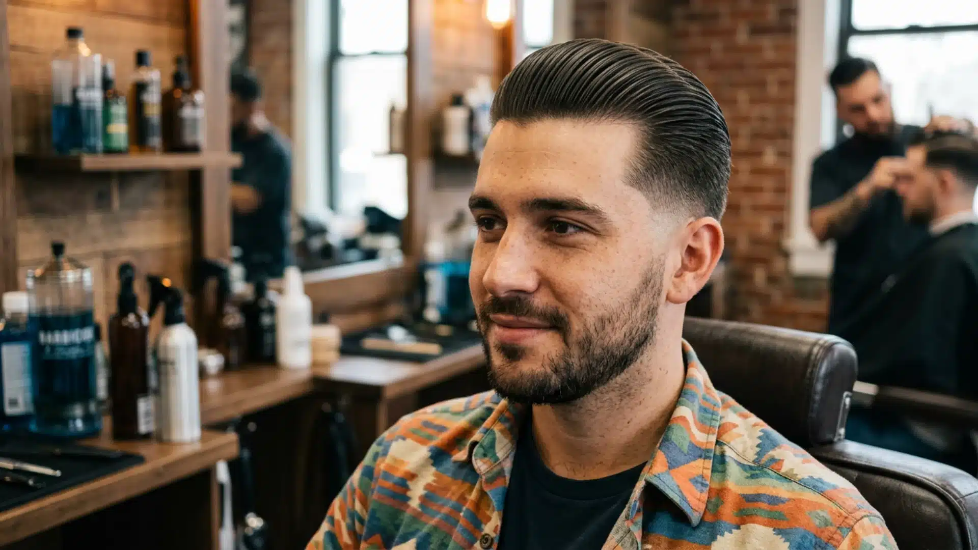 Man in colorful clothes with a slick back hairstyle, brushed-back top, and tapered sides.