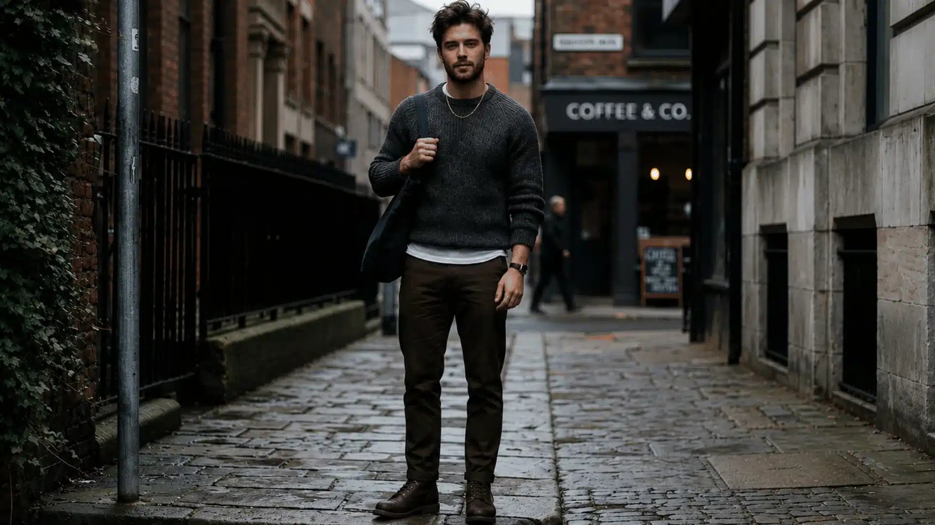 Man in grey knit sweater and brown trousers