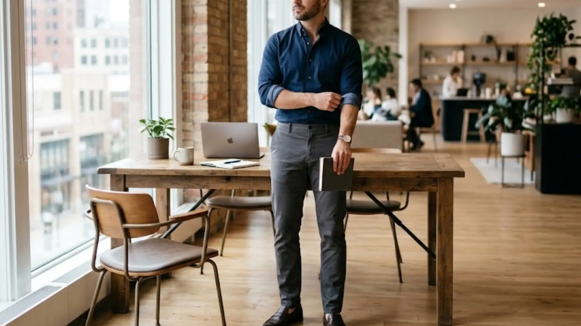 Man in navy shirt and gray chinos standing in modern office holding notebook by window