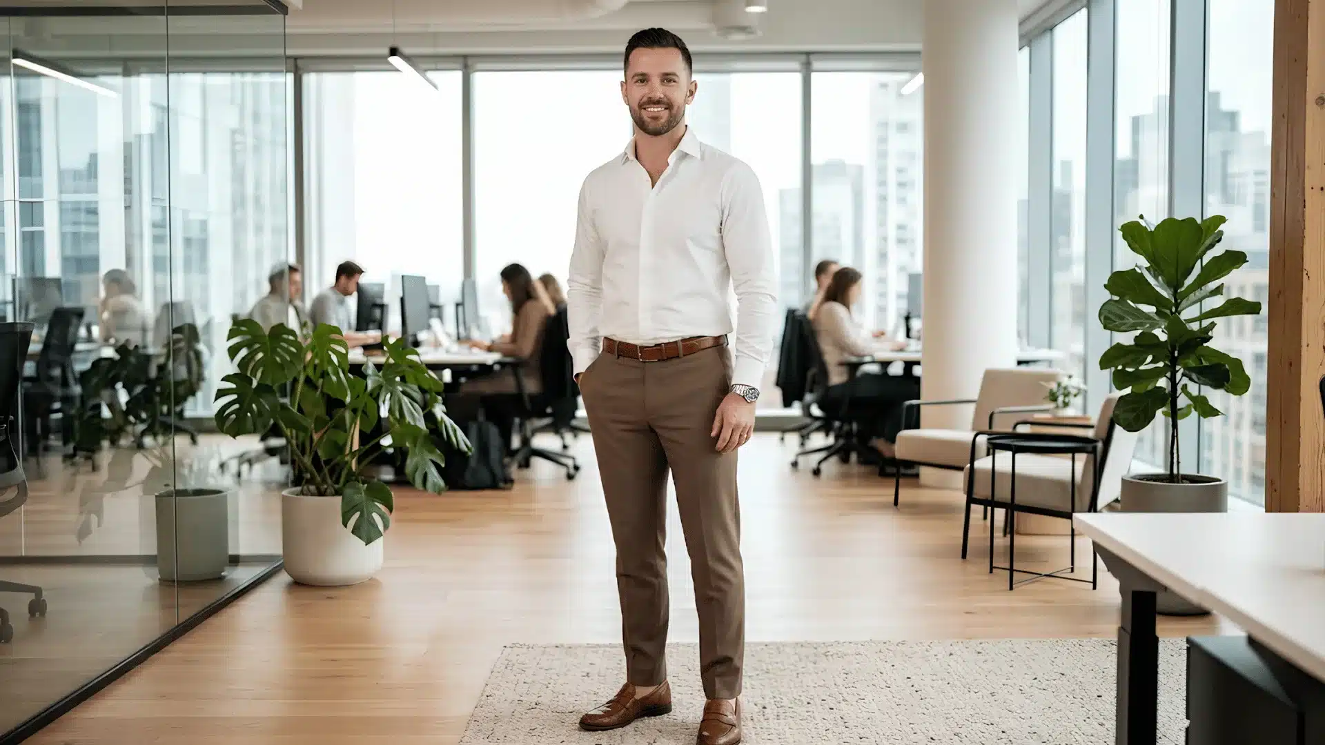 Man in white shirt with tailored brown trousers
