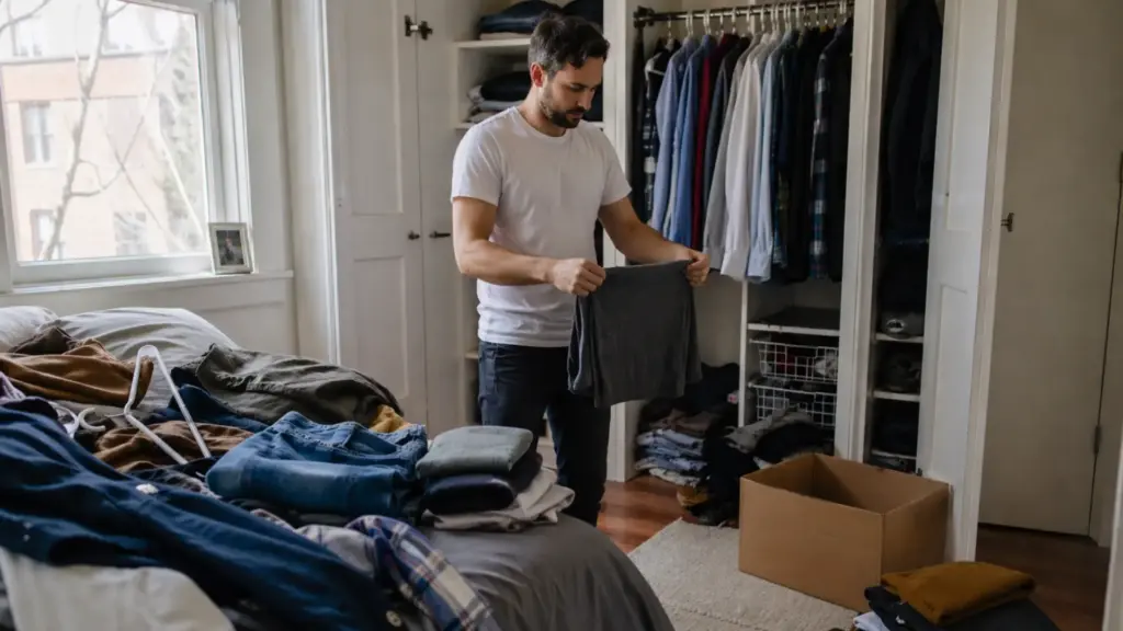 Man organizing clothes in bedroom closet with folded outfits, shirts, jeans, and wardrobe essentials
