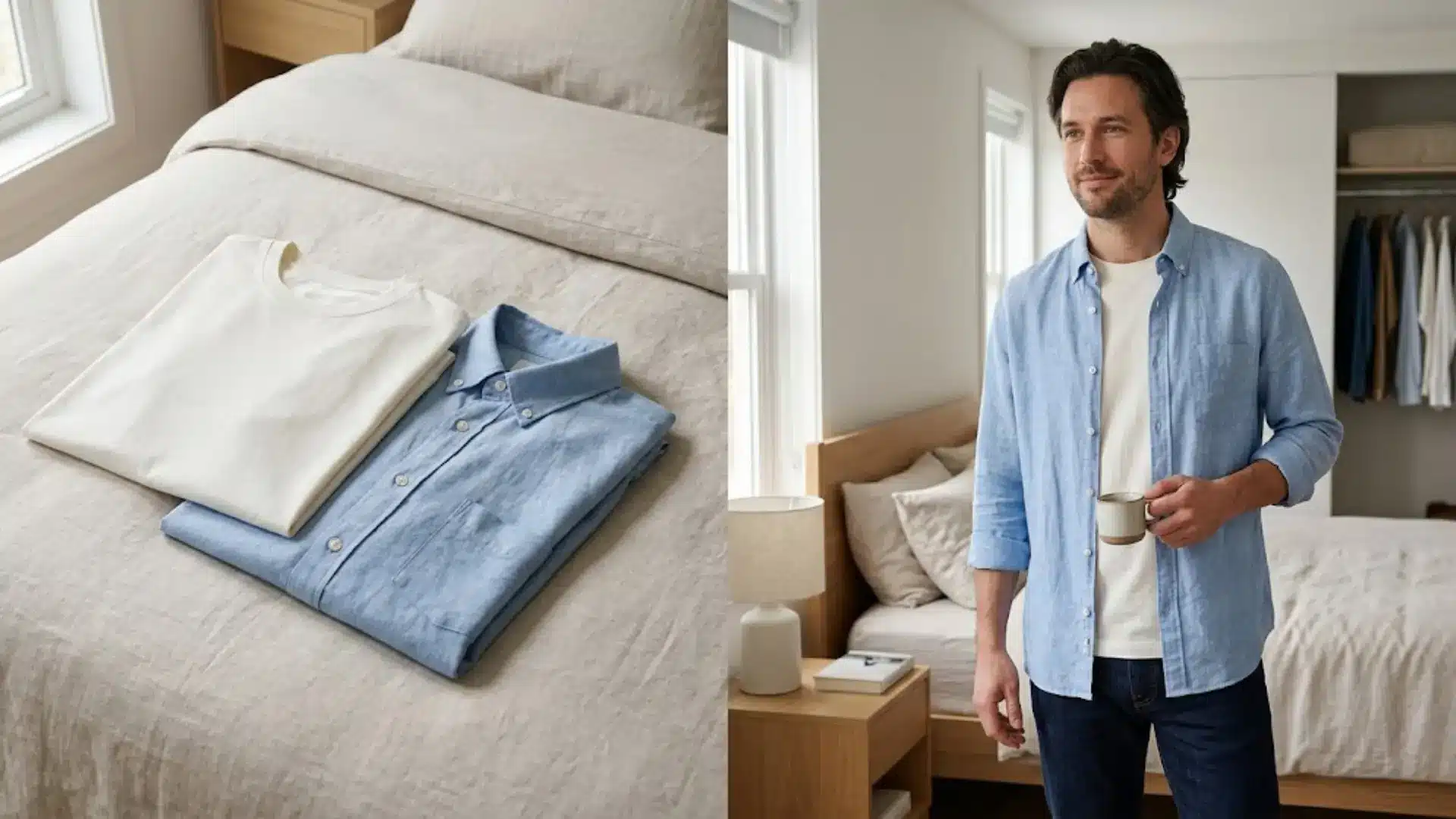 Man reviewing simple outfits with folded shirt on bed in bright, minimal bedroom setting (1)