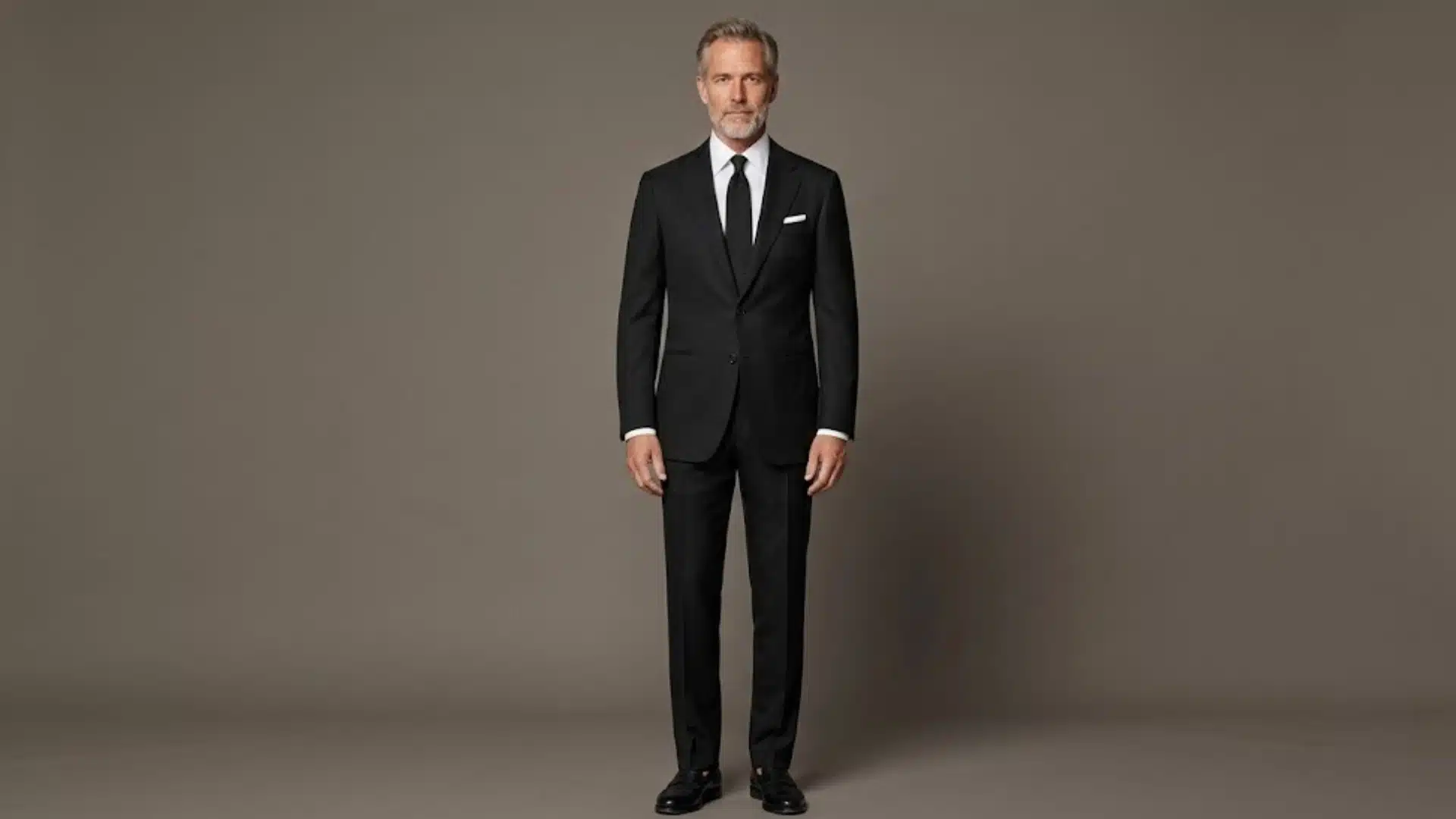 Man wearing a classic black funeral suit with white shirt and black tie