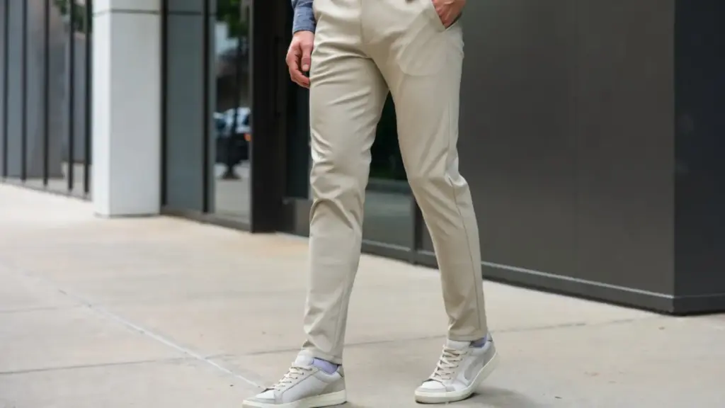 Man wearing beige chinos, blue shirt, and sneakers standing on a modern urban sidewalk
