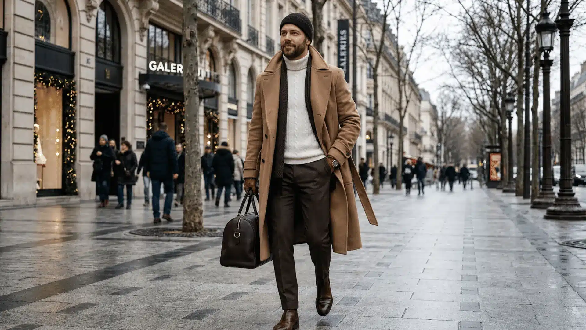 Man wearing camel coat with dark brown trousers