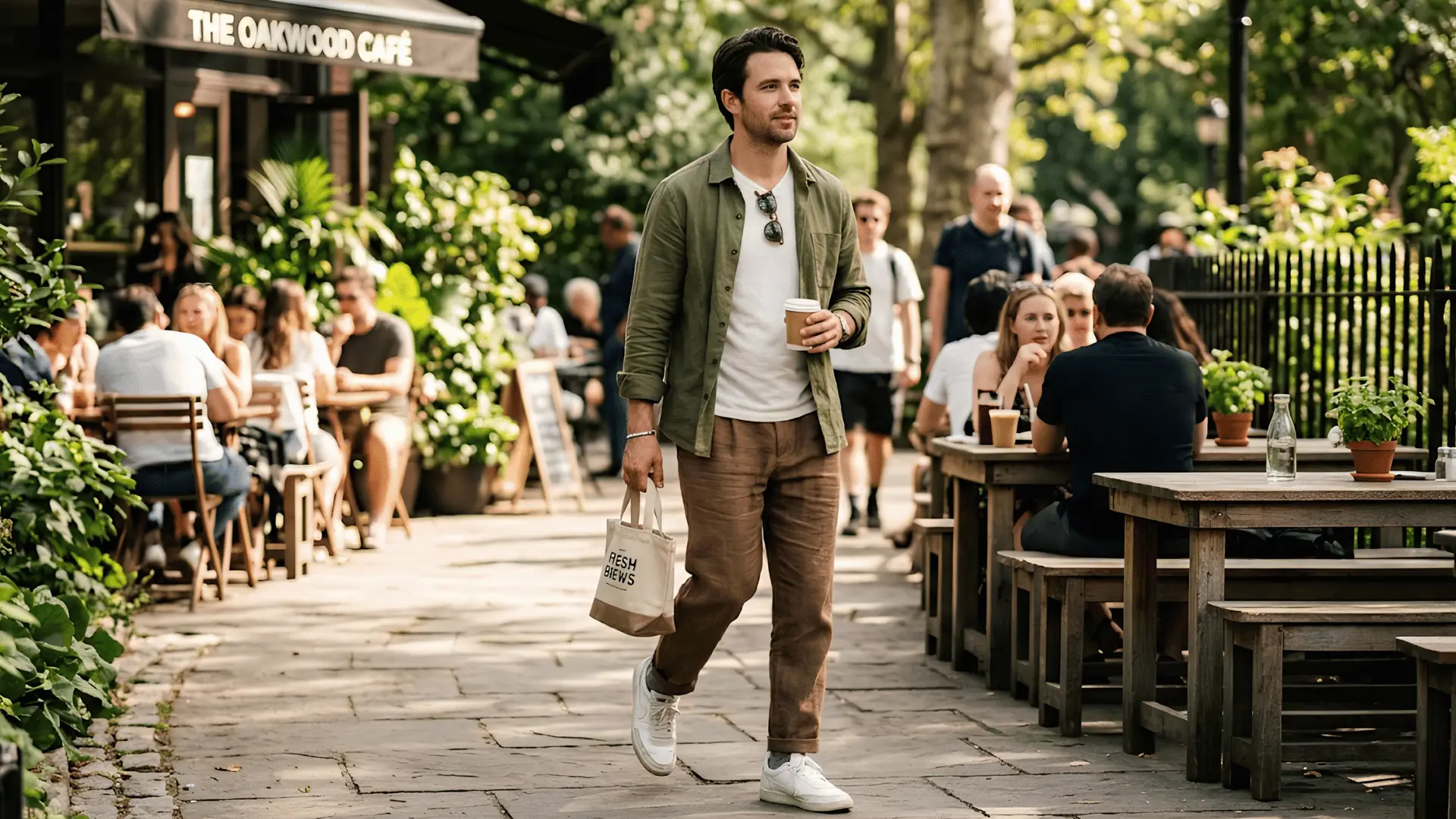 Man wearing olive overshirt with brown linen pants