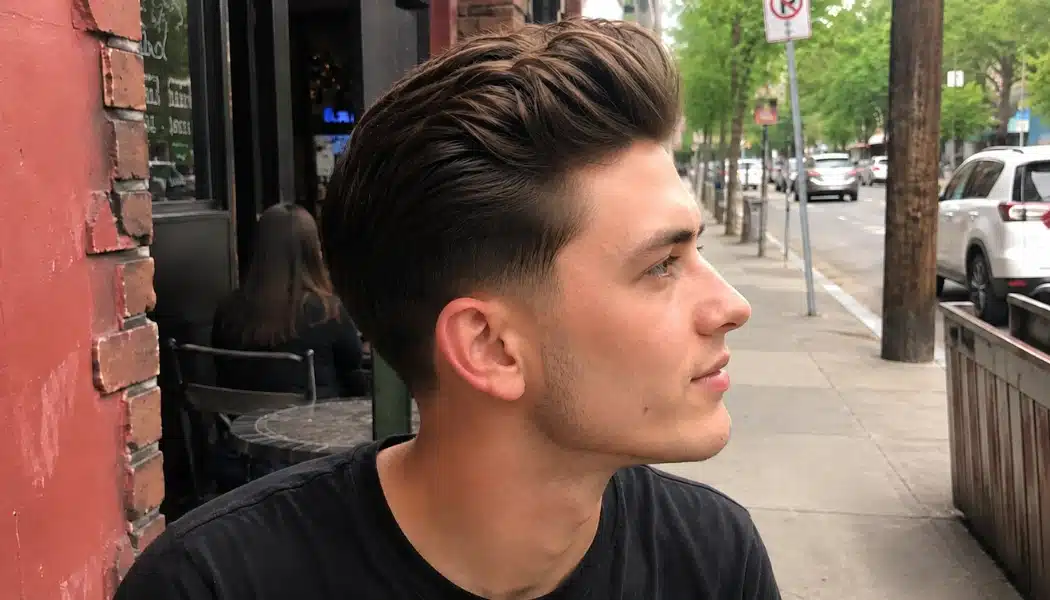 Man with a blowout taper fade at a street cafe