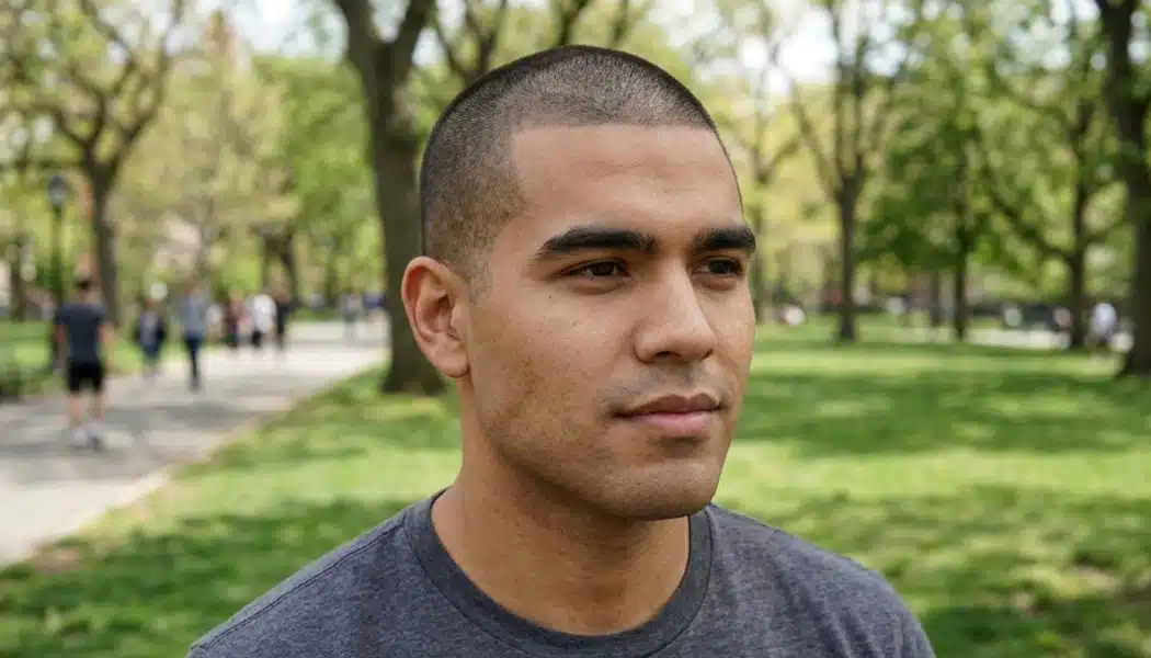 Man with a close buzz cut and defined jawline standing in a sunny park with trees and path blurred behind him