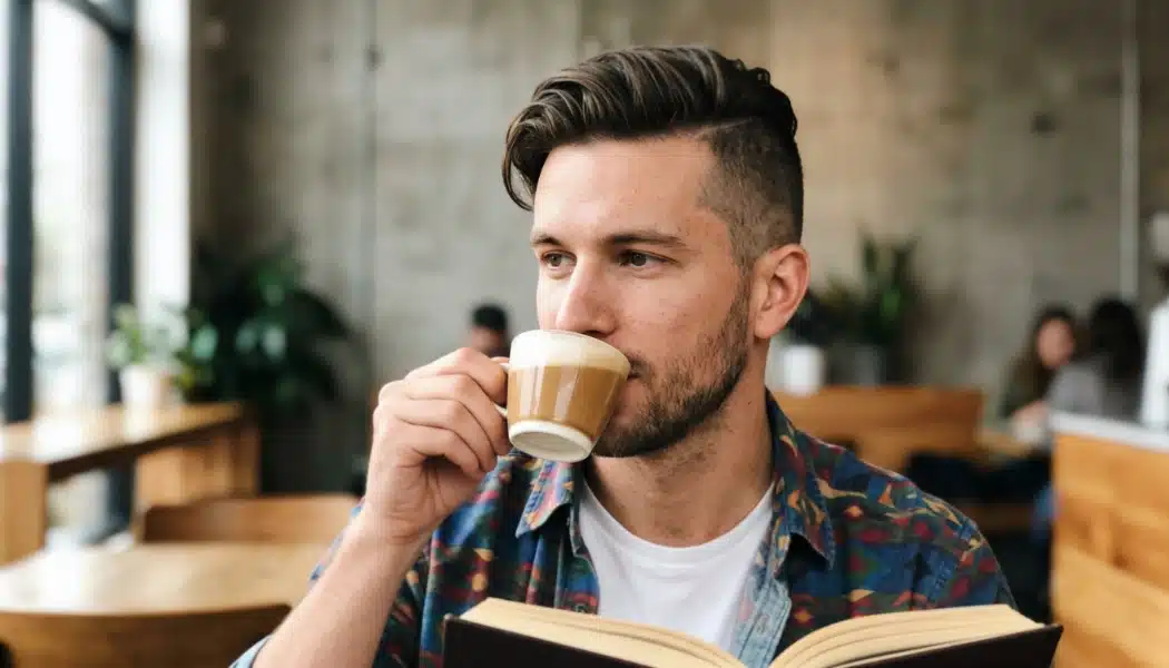 Man with a disconnected undercut and swept-back top drinking coffee in a cafe while reading a book