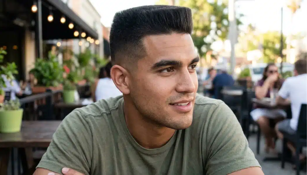 Man with a flat top haircut and tight faded sides sitting at an outdoor restaurant with blurred diners behind him