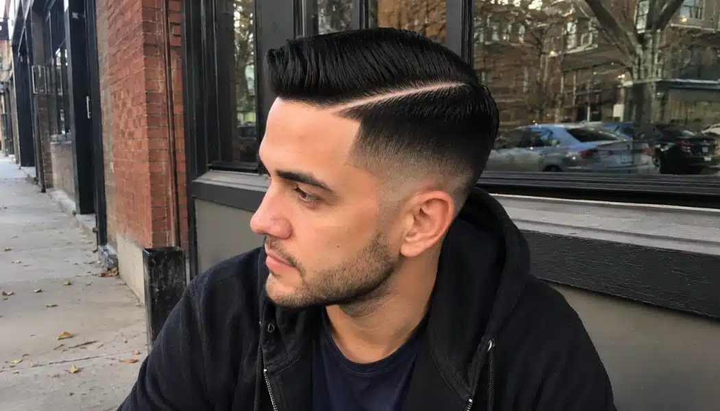 Man with a hard part haircut and low fade sitting outdoors in a candid side profile by a city cafe window