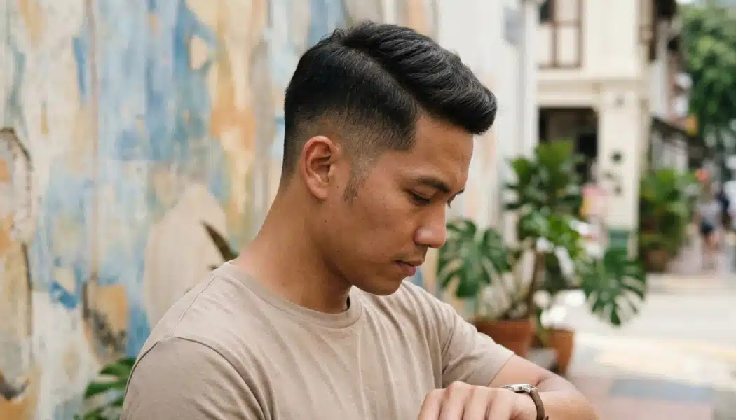 Man with a high taper haircut looking down near a painted wall
