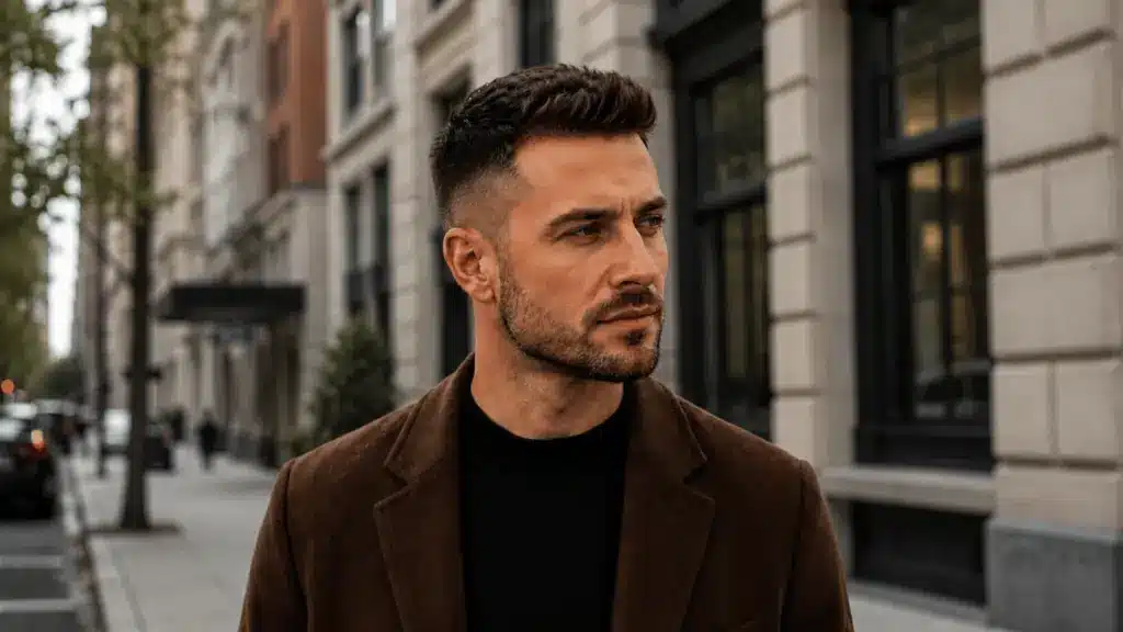 Man with a low fade haircut standing on a city street with blurred buildings behind him