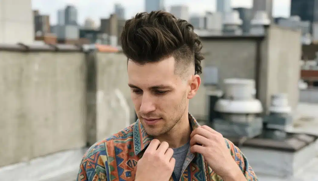 Man with a modern mohawk and burst fade standing on a rooftop with a city skyline in the background