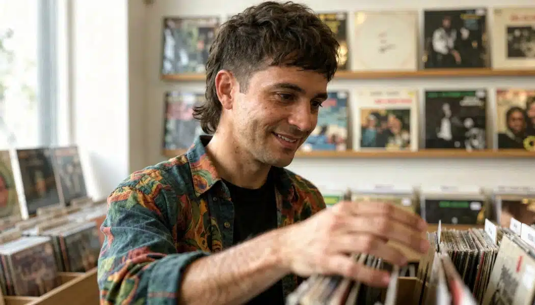 Man with a modern mullet hairstyle browsing vinyl records in a record store