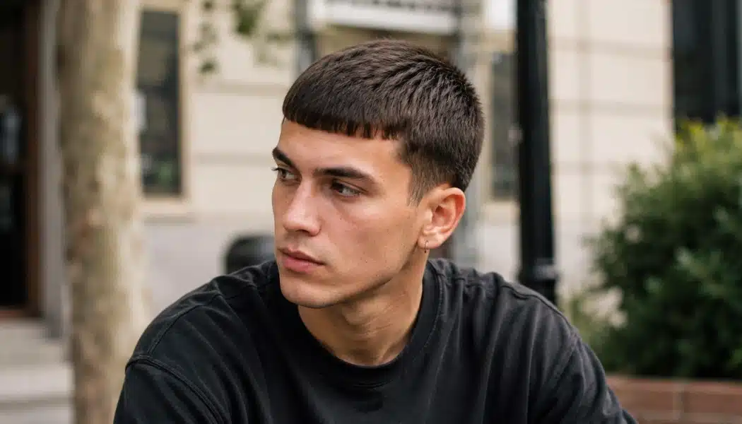 Man with a natural Caesar cut and short fringe sitting outdoors with a softly blurred urban background