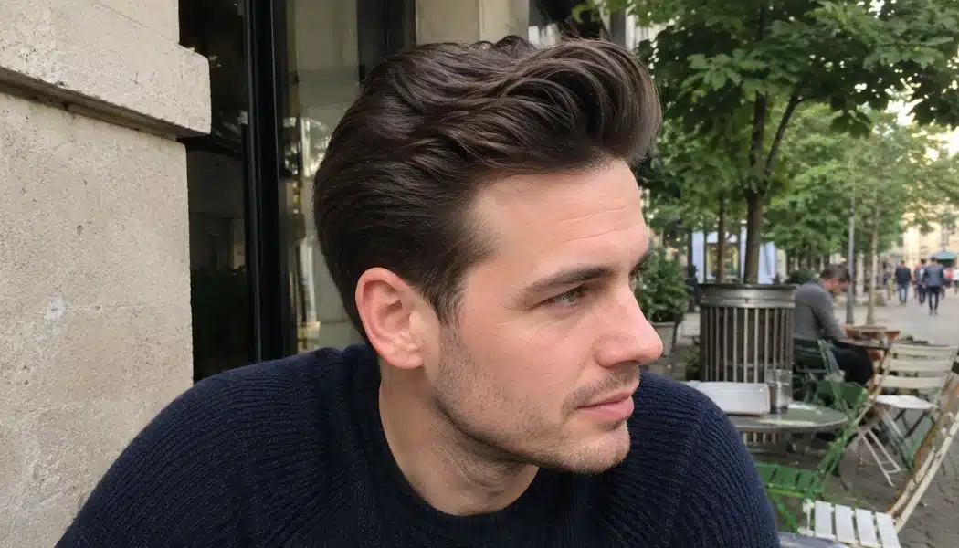 Man with a natural quiff haircut in a candid outdoor cafe setting