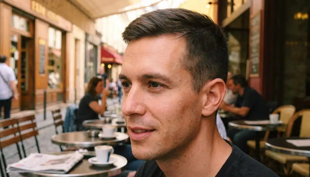Man with a neat crew cut sitting at an outdoor cafe with short sides and textured hair on top