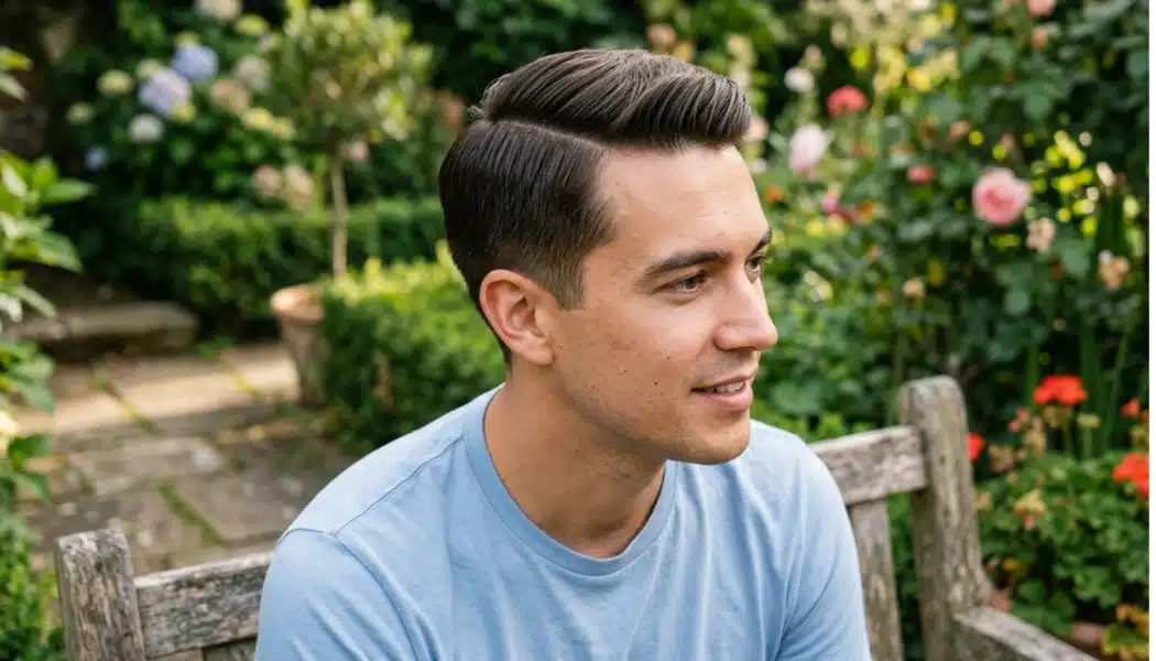 Man with a polished side-part haircut sitting on a wooden garden bench with greenery and flowers in the background