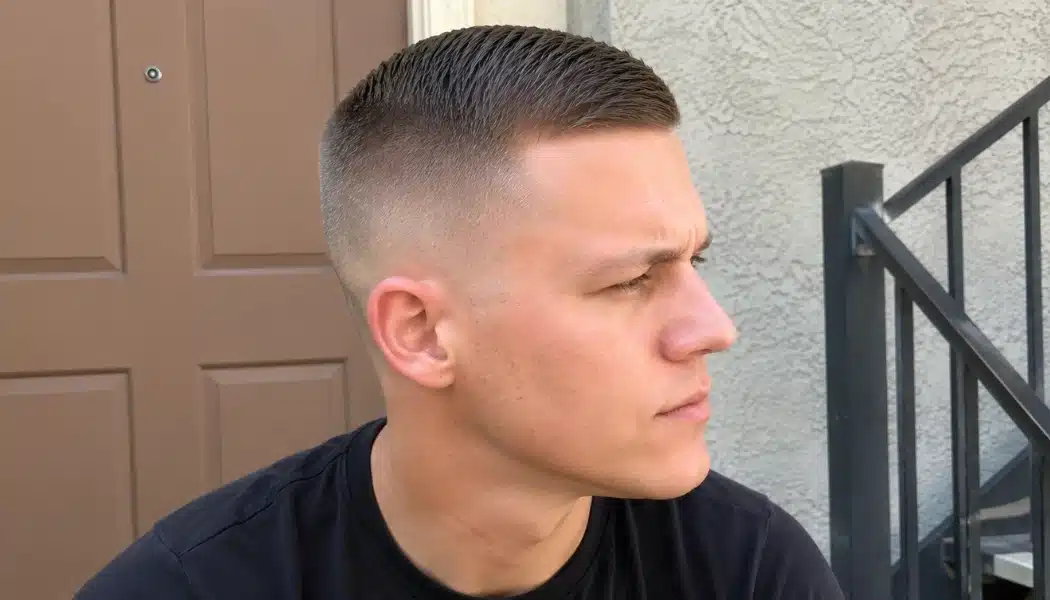 Man with a regulation military haircut and clean high fade shown in a natural side profile outdoors