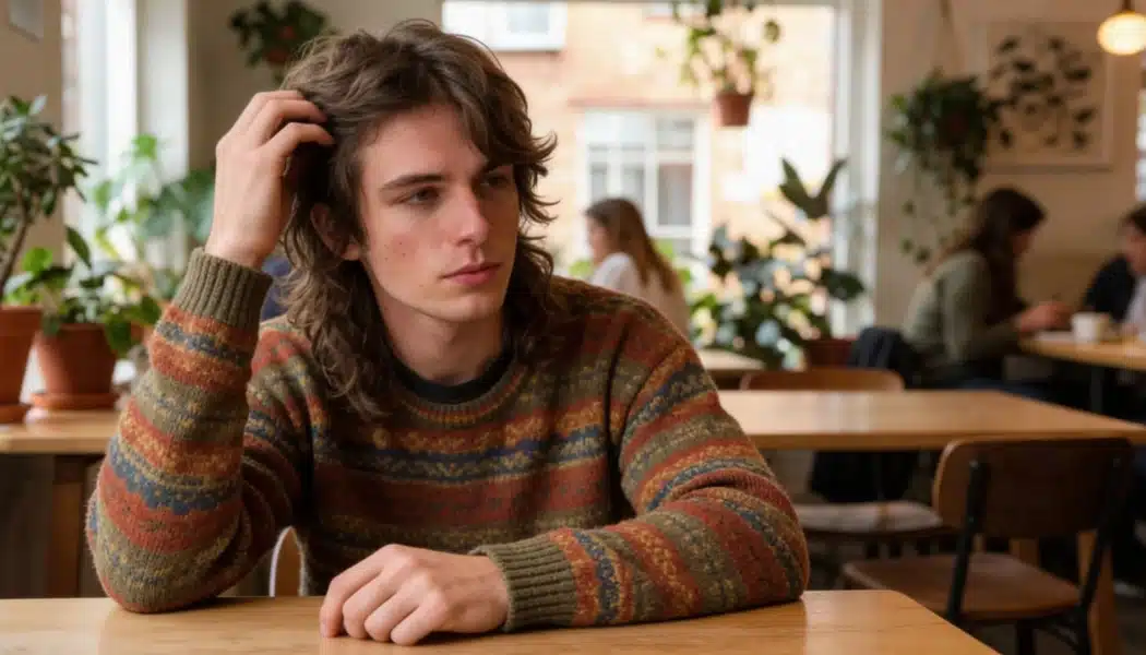 Man with a shaggy wolf cut and layered fringe sitting in a cafe with indoor plants in the background