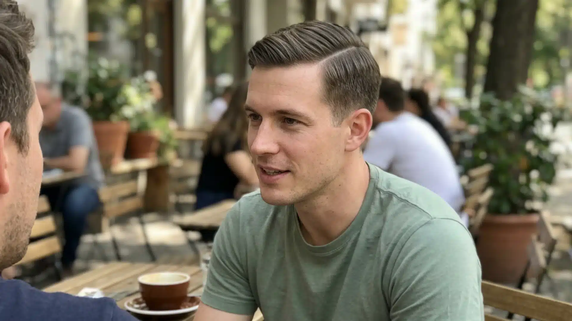 Man with a short side part haircut and clean sides talking at an outdoor cafe with blurred tables and plants behind him.