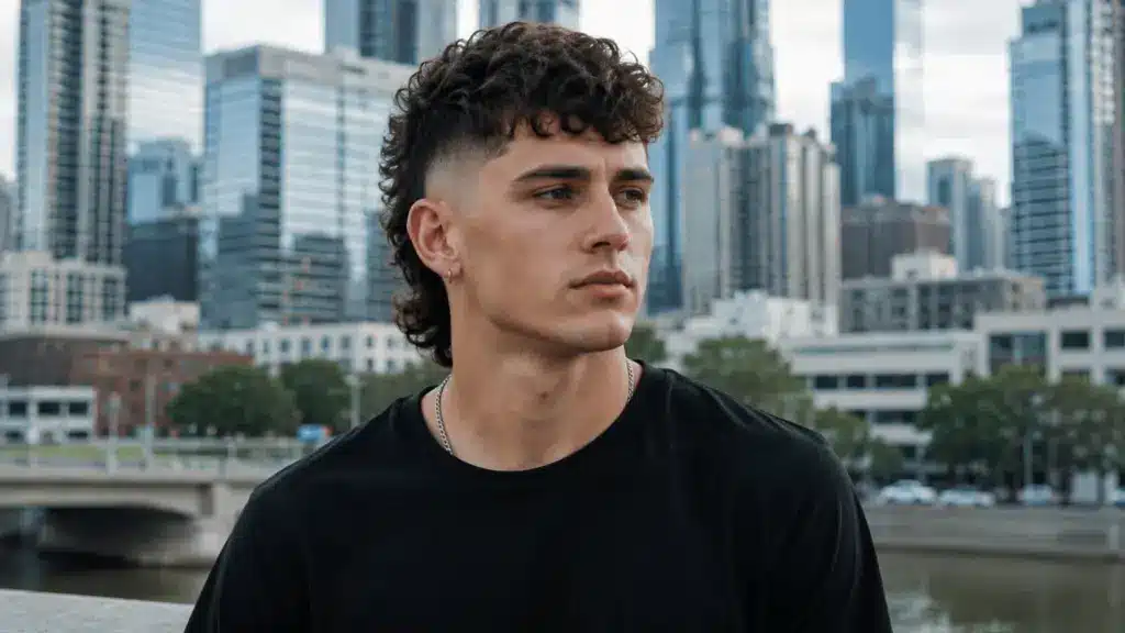 Man with a skin fade mullet against a modern city skyline in natural daylight