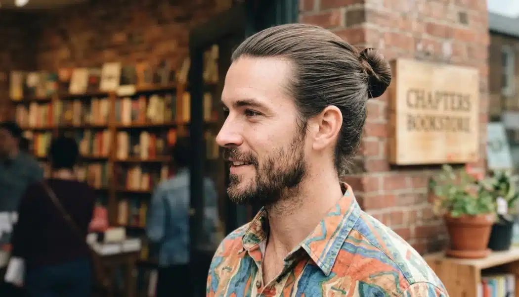 Man with a sleek man bun and full beard standing outside a bookstore entrance