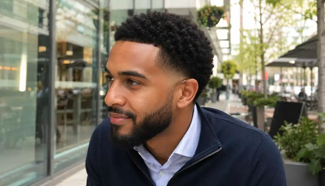 Man with a temple fade and curly top sitting outside a modern cafe with blurred city greenery behind him