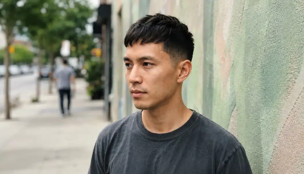 Man with a textured crop haircut and faded sides standing by a pastel wall on a blurred city sidewalk