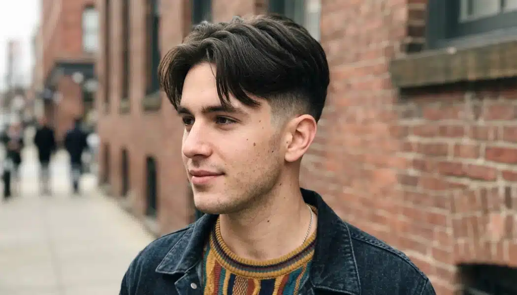 Man with a two-block haircut and longer center-parted top standing on a city street near brick buildings