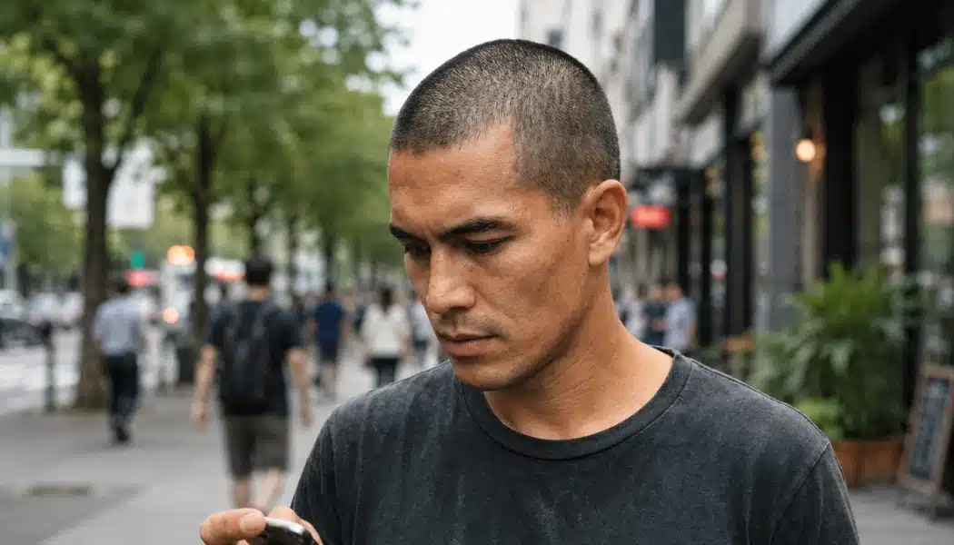 Man with an induction cut checking his phone on a tree-lined city sidewalk with blurred shops behind him