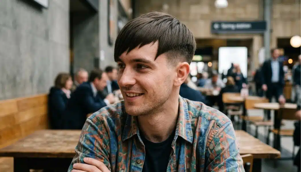 Man with angular fringe haircut and short faded sides sitting at a busy cafe table