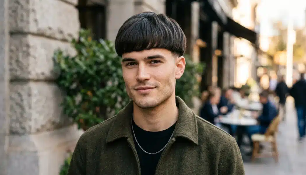 Man with bowl cut and short faded sides standing on a busy city street