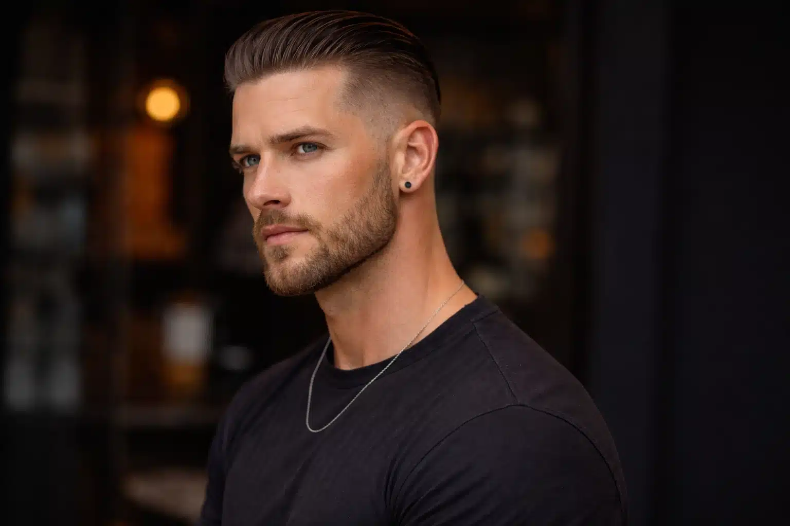 Man with classic high fade haircut and slicked back hair, light stubble beard, wearing black t shirt and necklace indoors
