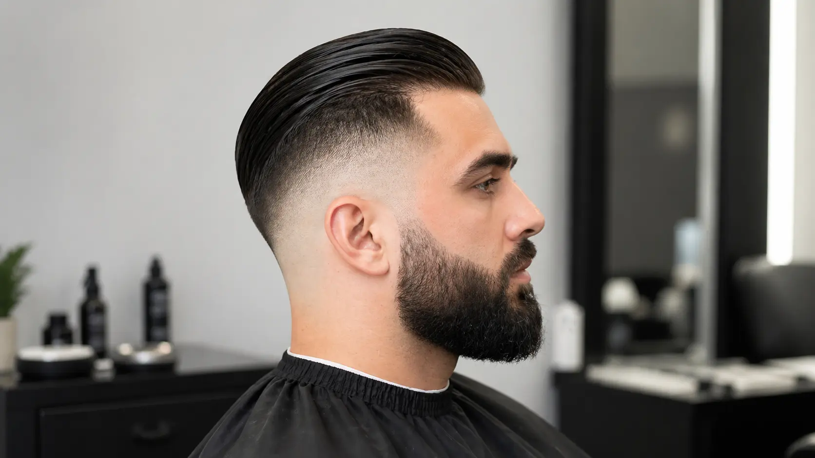 Man with disconnected high fade and slick back hairstyle, clean beard, side profile in a modern salon setting