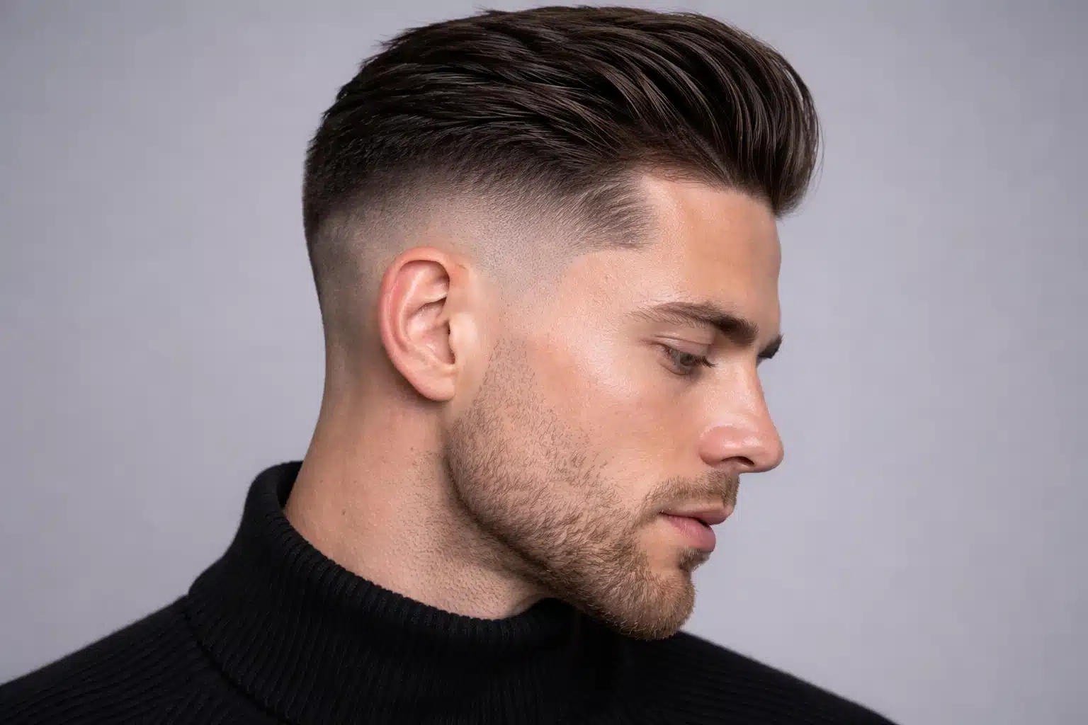 Man with high fade slick back and shadow fade showing smooth gradient blend and natural transition for clean modern look