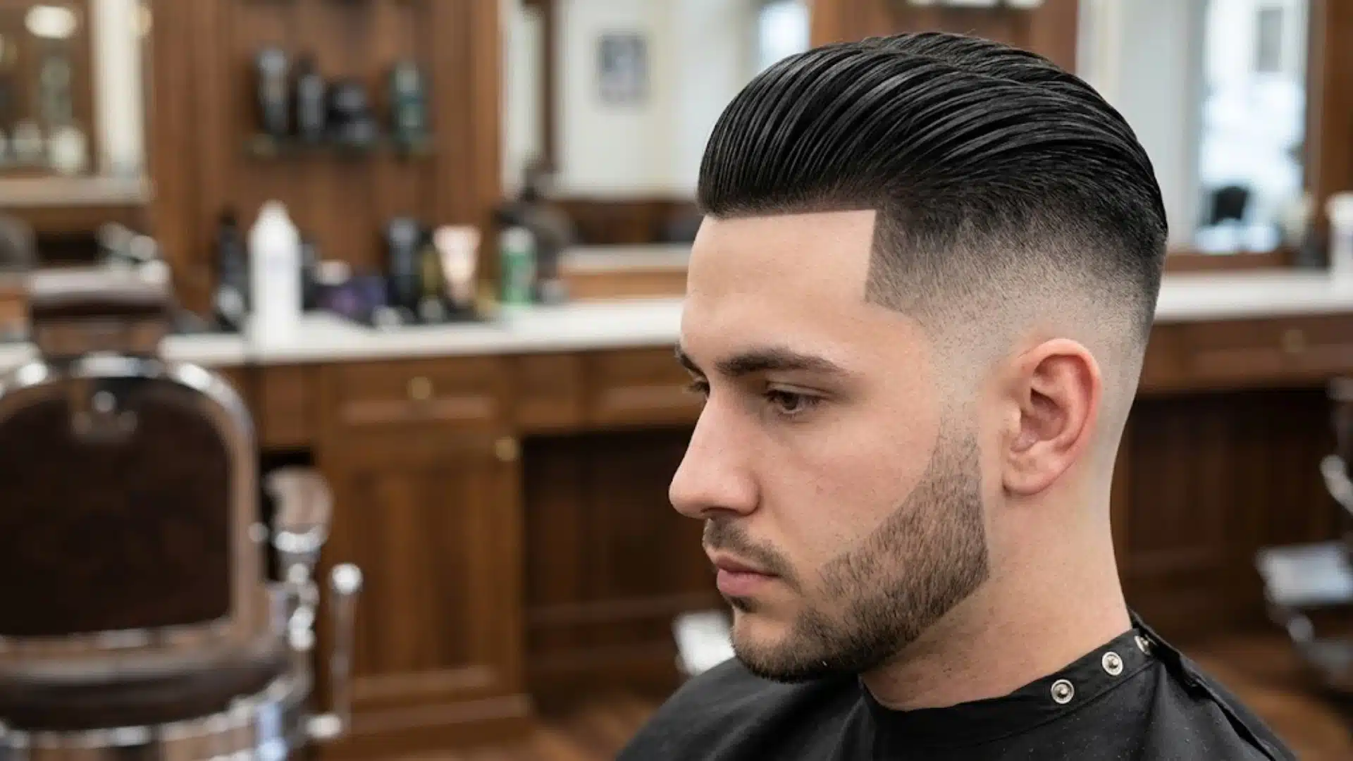Man with high fade slick back and sharp line up featuring defined hairline and clean fade in classic barbershop setting