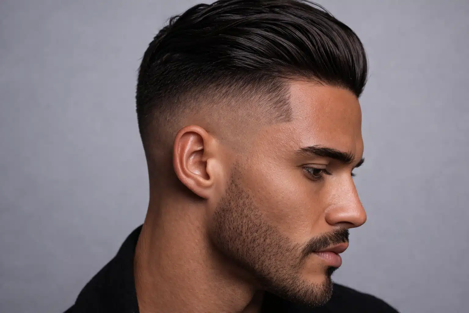 Man with high fade slick back and skin fade featuring sharp lineup and clean blend for modern polished look