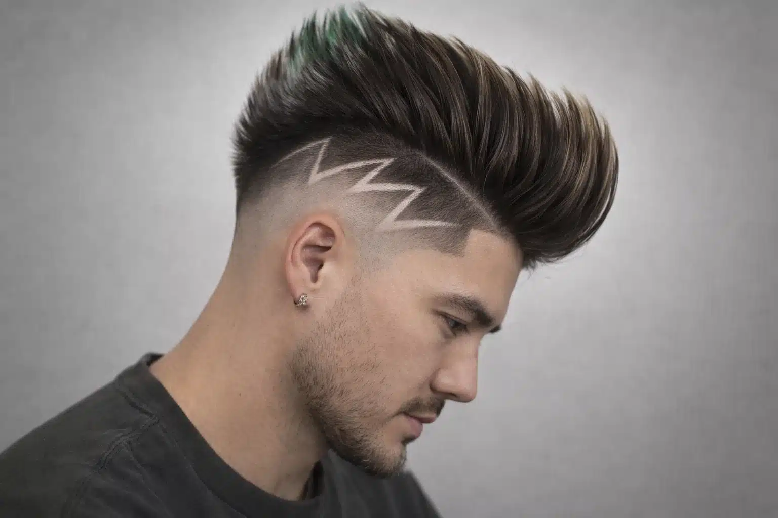 Man with high fade slick back hairstyle featuring zigzag shaved design on side and voluminous styled top