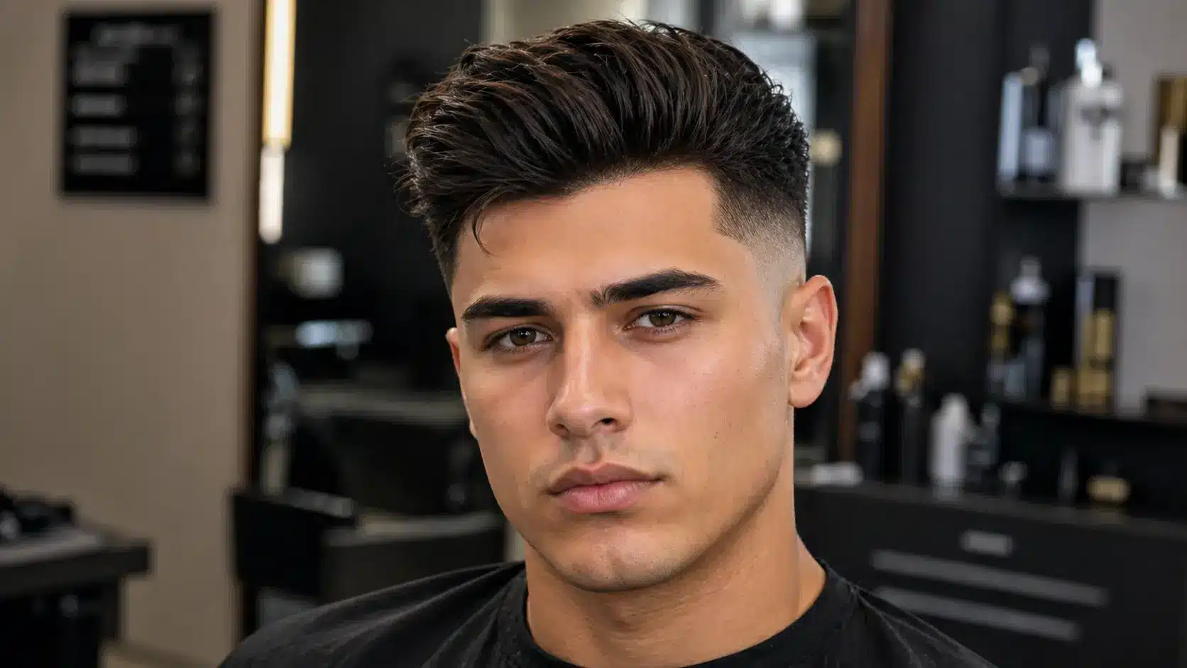 Man with high fade slick back hairstyle with volume, sharp beard, side profile in salon setting