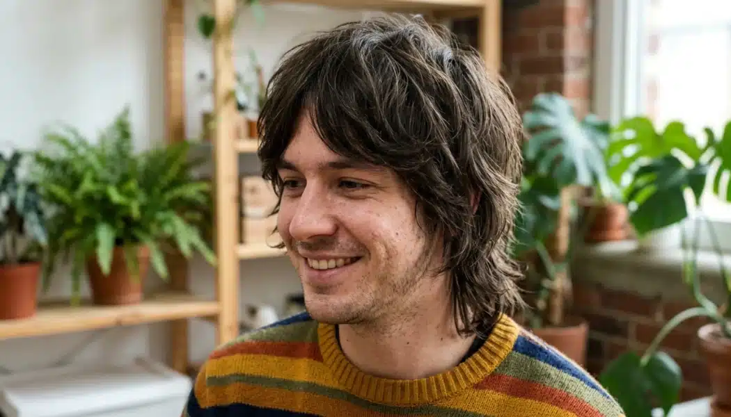 Man with layered shag haircut and messy texture in a plant-filled studio
