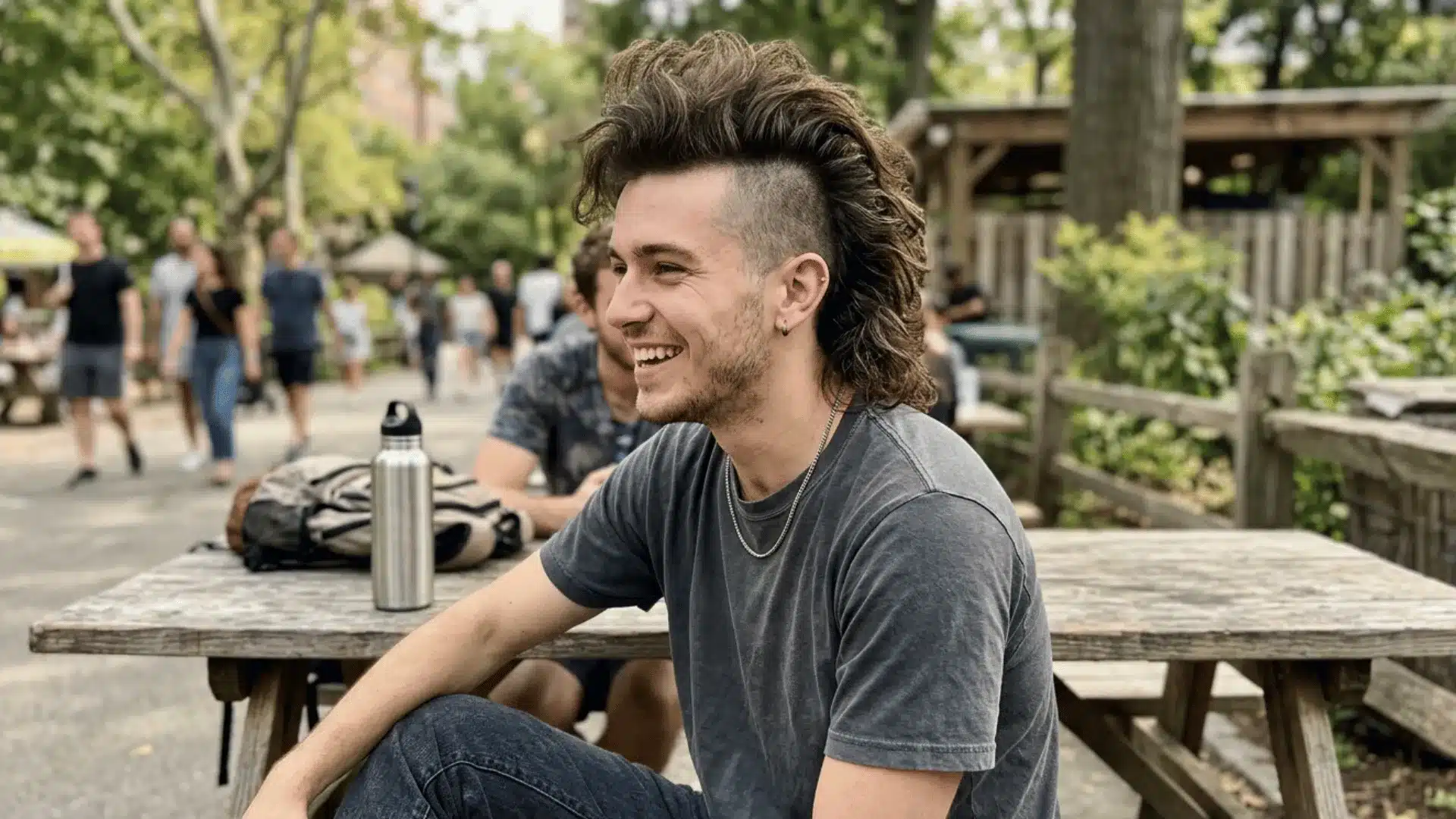 Man with long flowing shoulder-length mohawk haircut