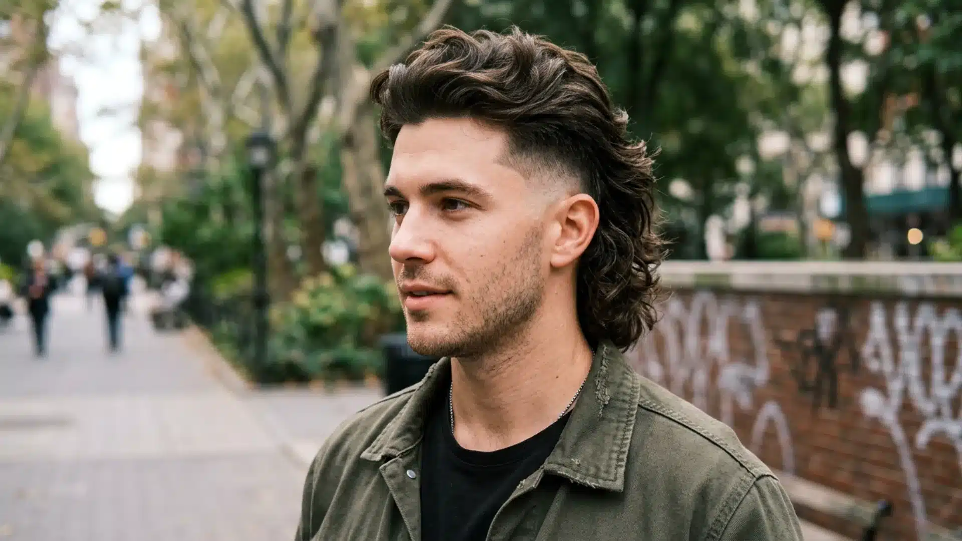 Man with mid fade mullet hairstyle wearing green jacket on city street outdoors