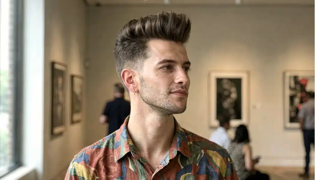 Man with modern pompadour haircut and mid fade wearing a patterned shirt in an art gallery