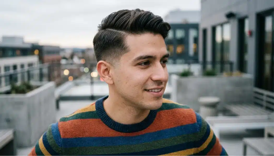 Man with modern side part, faded sides, and brushed top on a rooftop patio