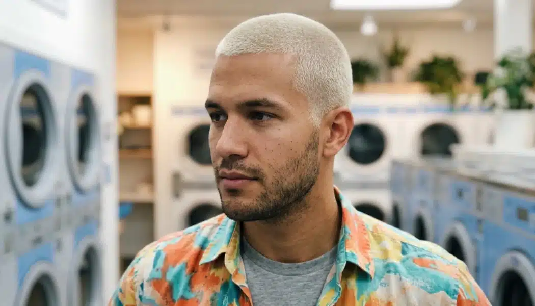 Man with platinum buzz cut in a laundromat