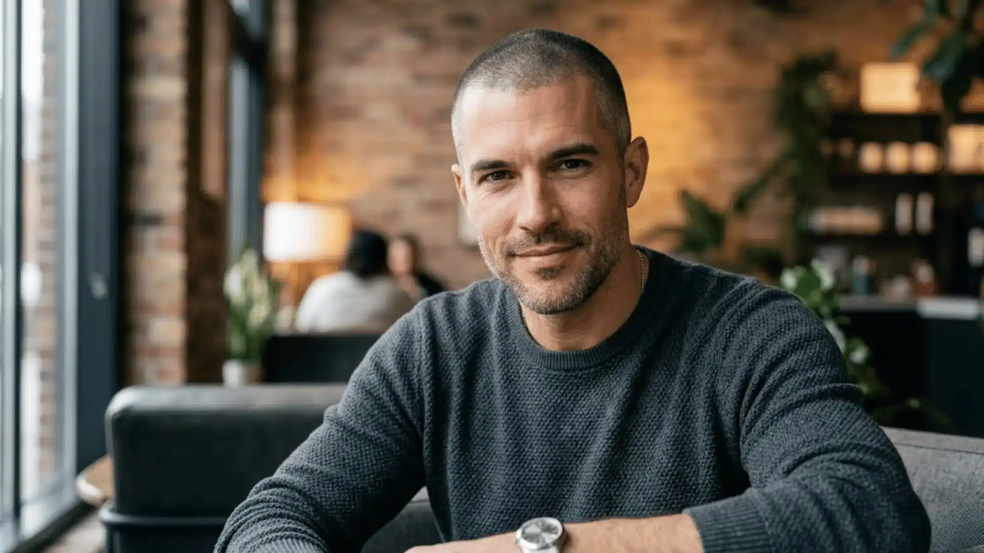 Man with realistic buzz cut hairstyle for thinning hair in natural lighting