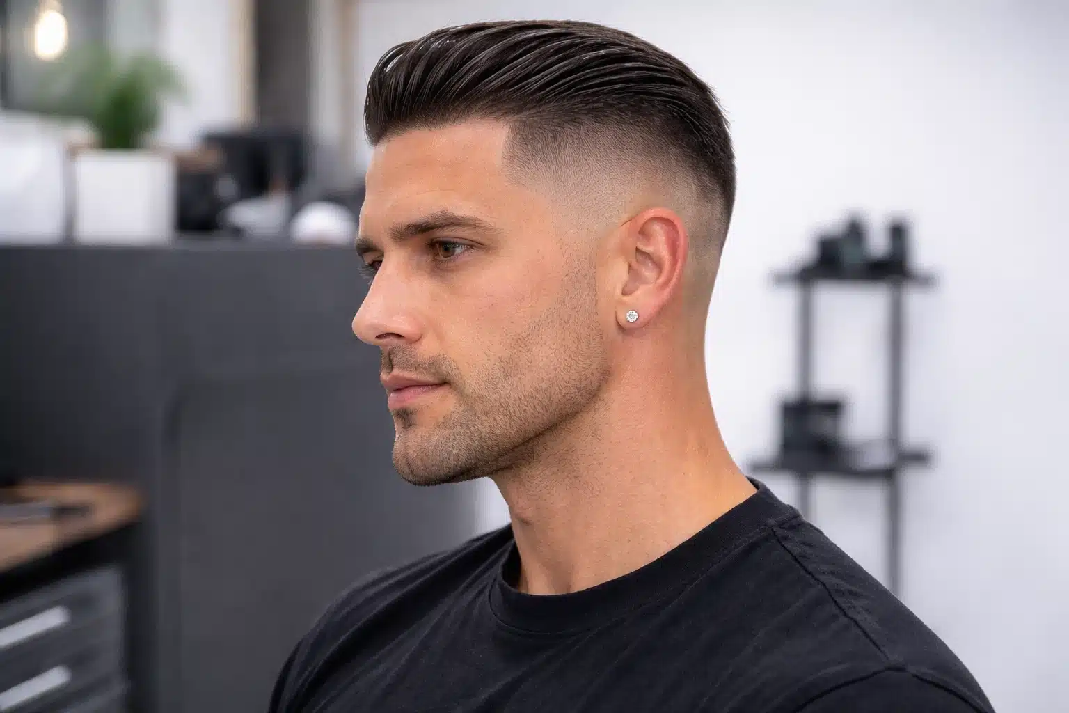 Man with short high fade slick back haircut showing clean taper sides and styled top in modern barbershop setting