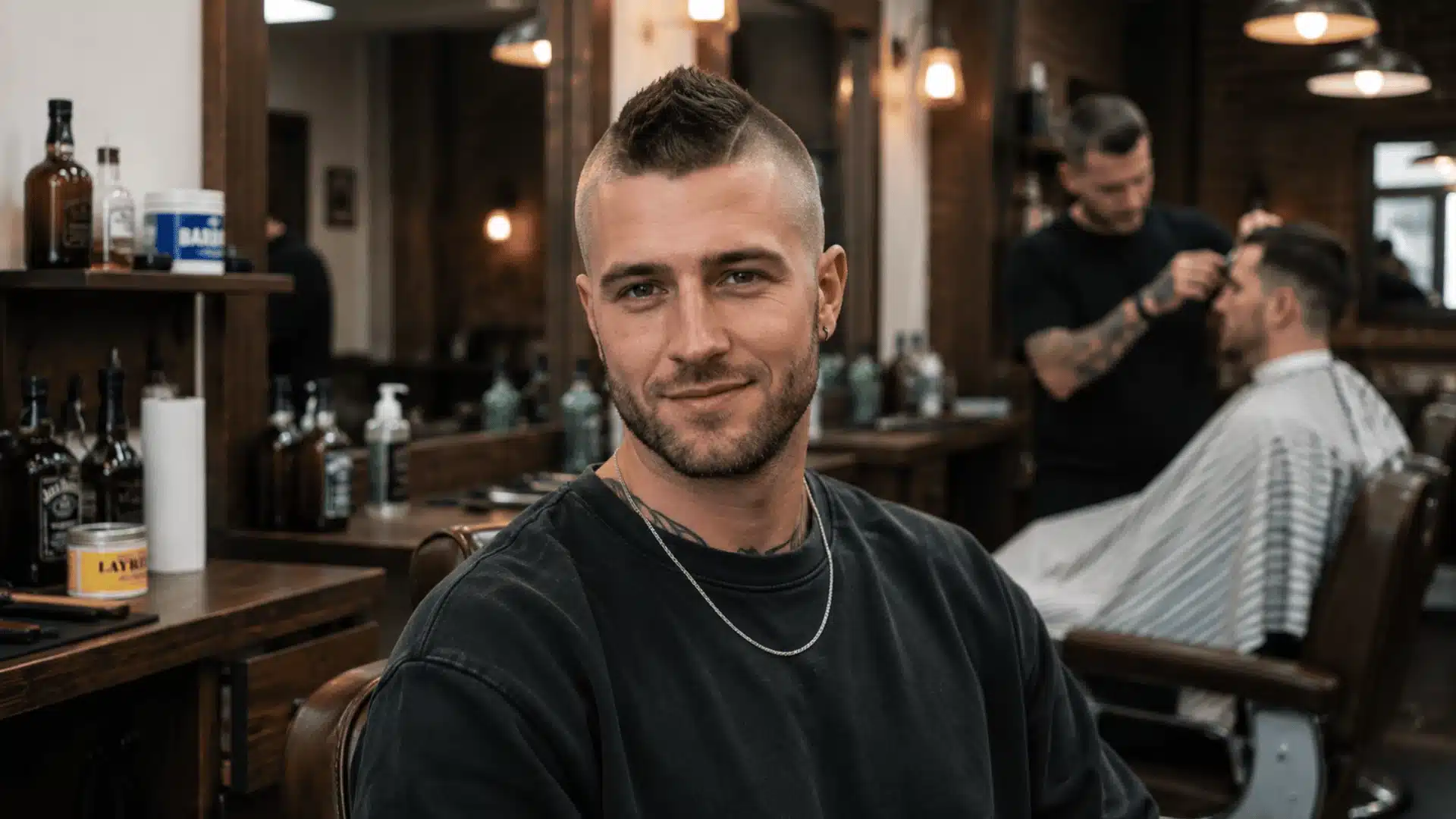 Man with short mohawk fade in barber shop